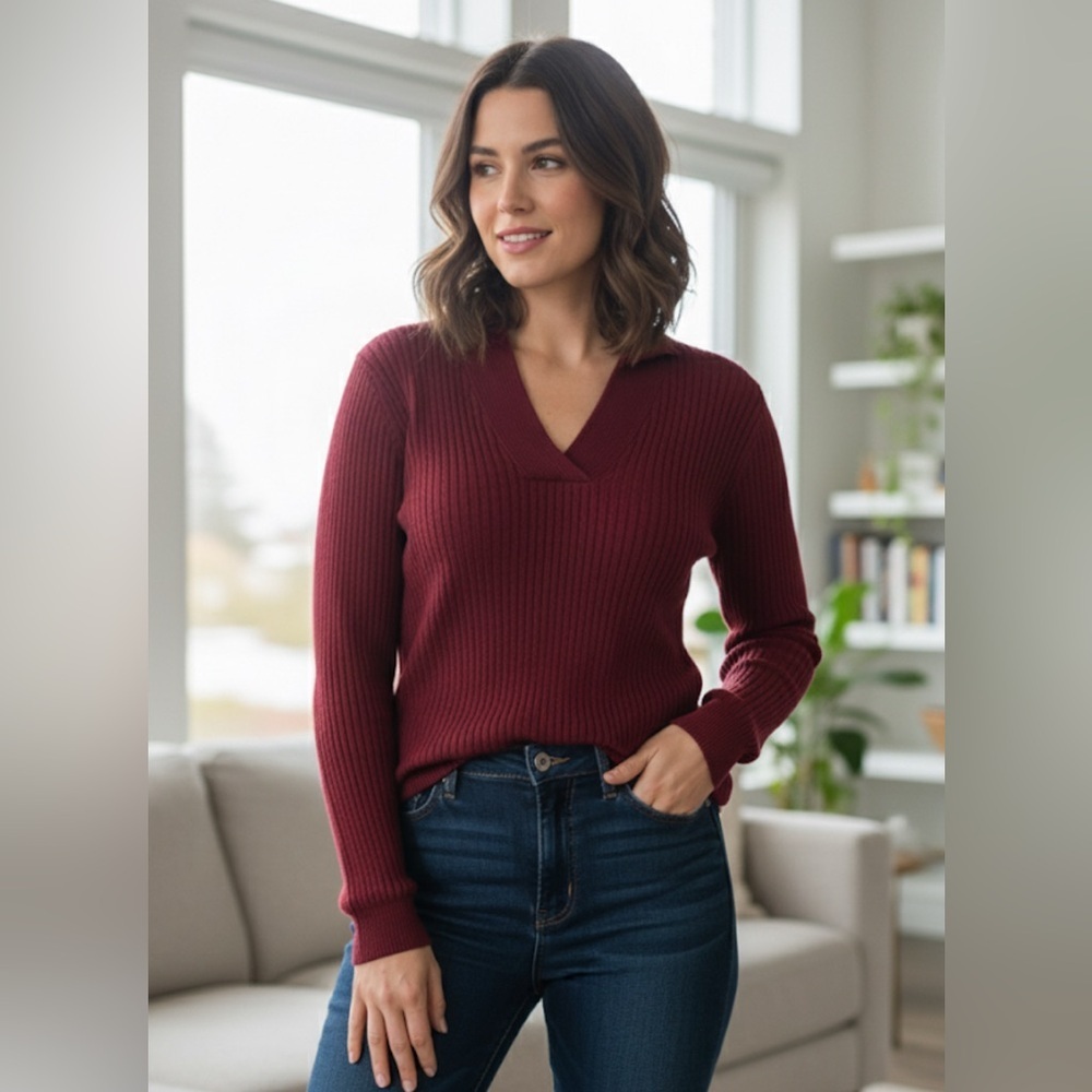 JEANNE PIERRE Deep Red V-Neck Sweater